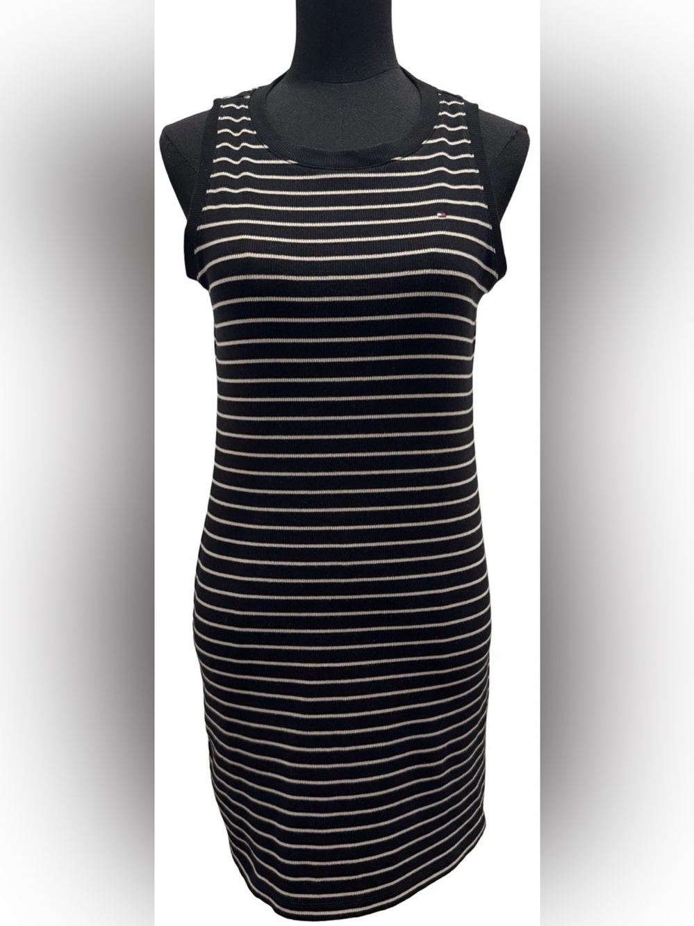 Tommy Hilfiger Sleeveless Striped Black & Beige Pullover Dress, Size Small